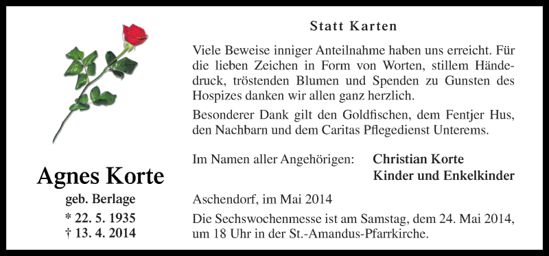  Traueranzeige für Agnes Korte vom 22.05.2014 aus Neue Osnabrücker Zeitung GmbH & Co. KG