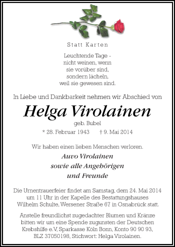 Traueranzeige von Helga Virolainen von Neue Osnabrücker Zeitung GmbH & Co. KG
