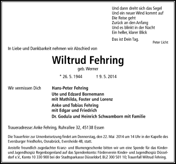 Traueranzeige von Wiltrud Fehring von Neue Osnabrücker Zeitung GmbH & Co. KG