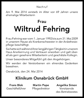 Traueranzeige von Wiltrud Fehring von Neue Osnabrücker Zeitung GmbH & Co. KG