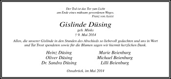 Traueranzeige von Gislinde Dasing von Neue Osnabrücker Zeitung GmbH & Co. KG