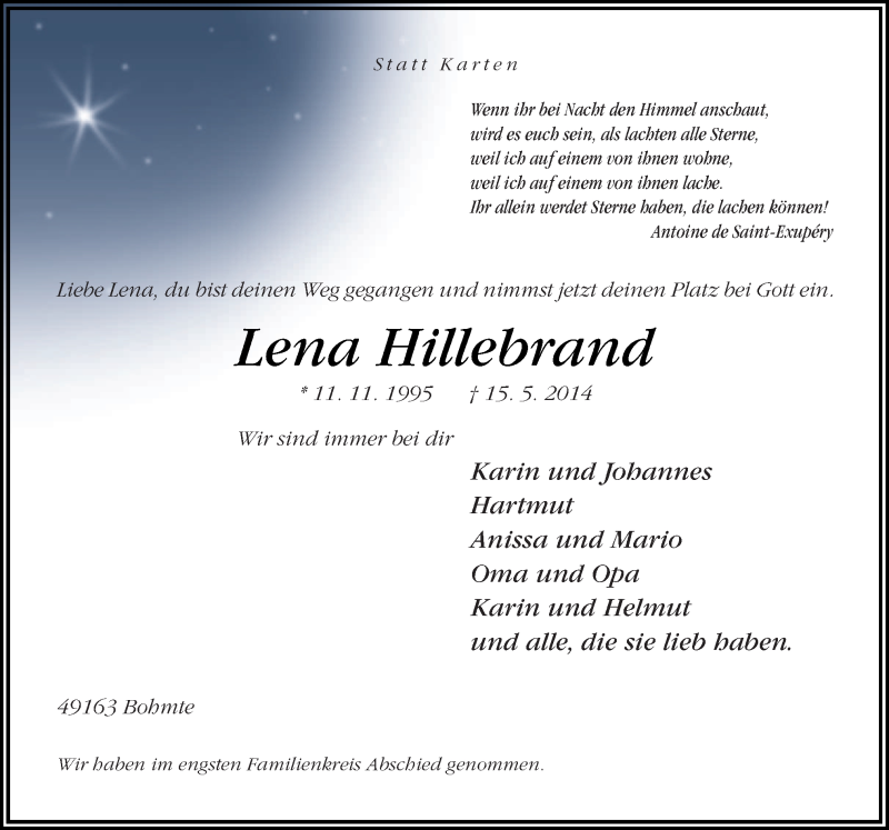  Traueranzeige für Lena Hillebrand vom 24.05.2014 aus Neue Osnabrücker Zeitung GmbH & Co. KG