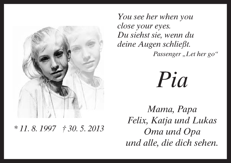  Traueranzeige für Pia Nieberg vom 30.05.2014 aus Neue Osnabrücker Zeitung GmbH & Co. KG