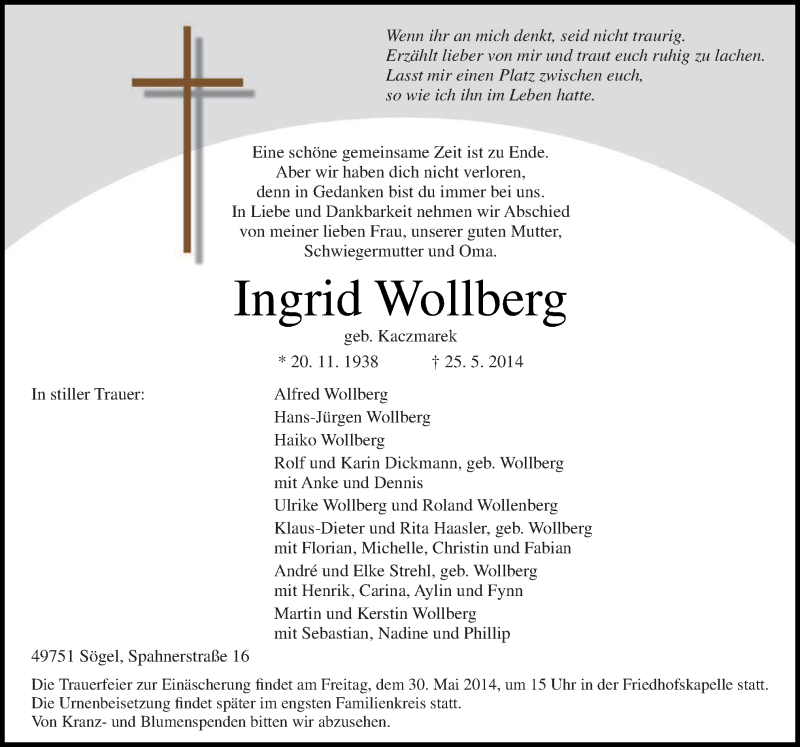  Traueranzeige für Ingrid Wollberg vom 28.05.2014 aus Neue Osnabrücker Zeitung GmbH & Co. KG