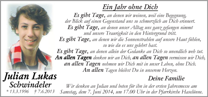  Traueranzeige für Julian Lukas Schwindeler vom 04.06.2014 aus Neue Osnabrücker Zeitung GmbH & Co. KG