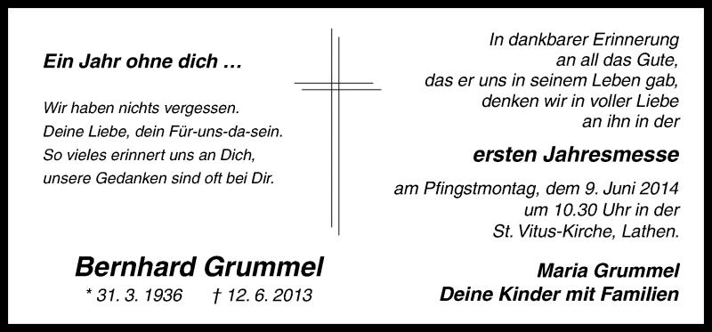  Traueranzeige für Bernhard Grummel vom 05.06.2014 aus Neue Osnabrücker Zeitung GmbH & Co. KG