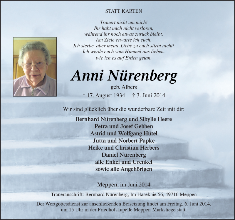  Traueranzeige für Anni Nürenberg vom 05.06.2014 aus Neue Osnabrücker Zeitung GmbH & Co. KG