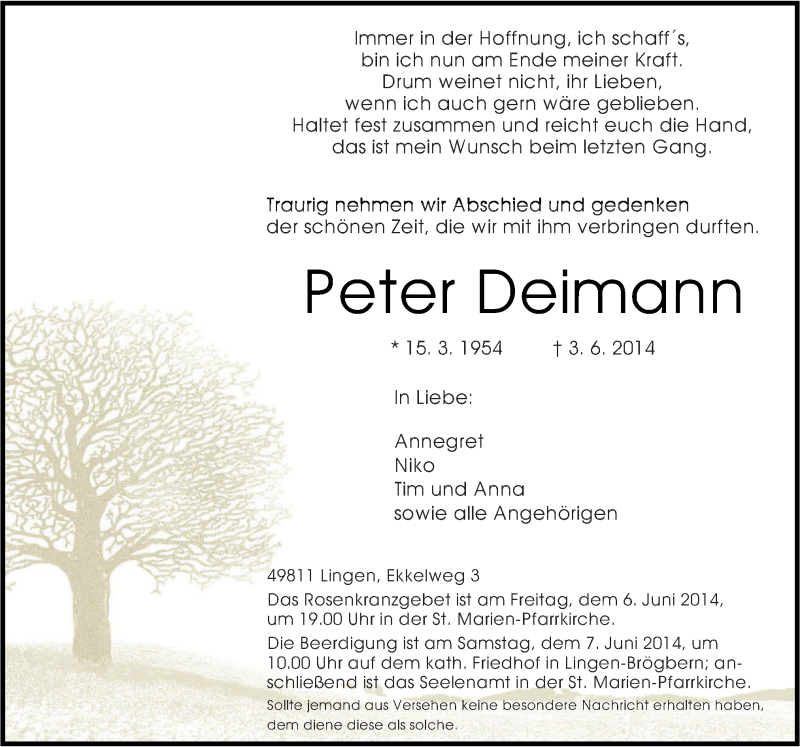  Traueranzeige für Peter Deimann vom 06.06.2014 aus Neue Osnabrücker Zeitung GmbH & Co. KG