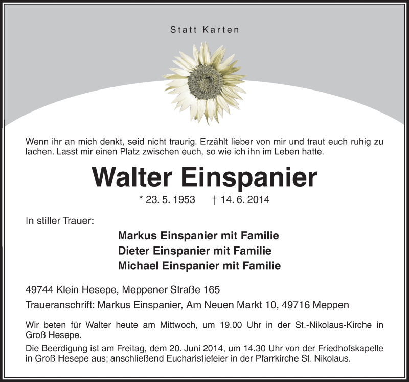  Traueranzeige für Walter Einspanier vom 18.06.2014 aus Neue Osnabrücker Zeitung GmbH & Co. KG