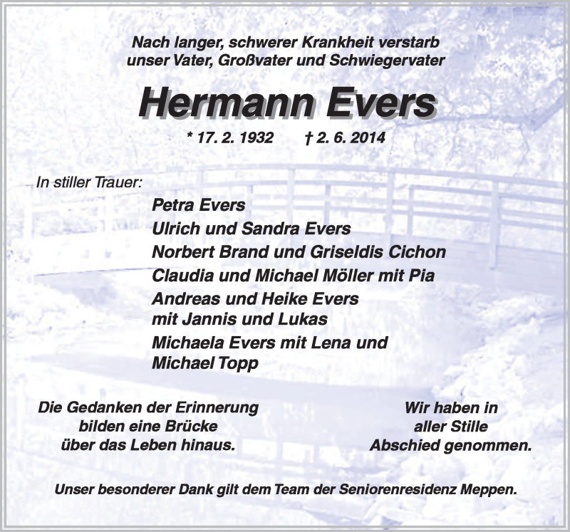  Traueranzeige für Hermann Evers vom 21.06.2014 aus Neue Osnabrücker Zeitung GmbH & Co. KG