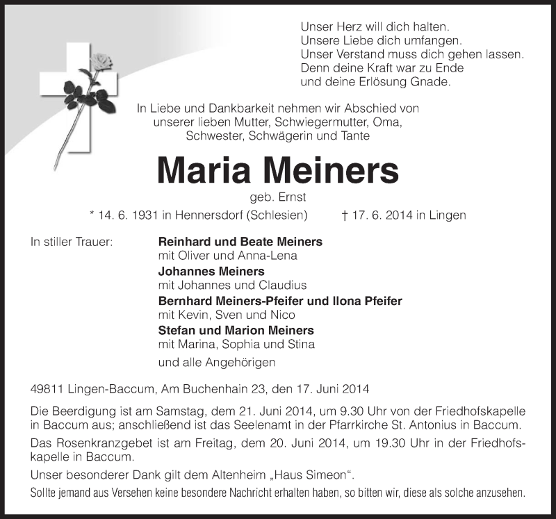  Traueranzeige für Maria Meiners vom 19.06.2014 aus Neue Osnabrücker Zeitung GmbH & Co. KG