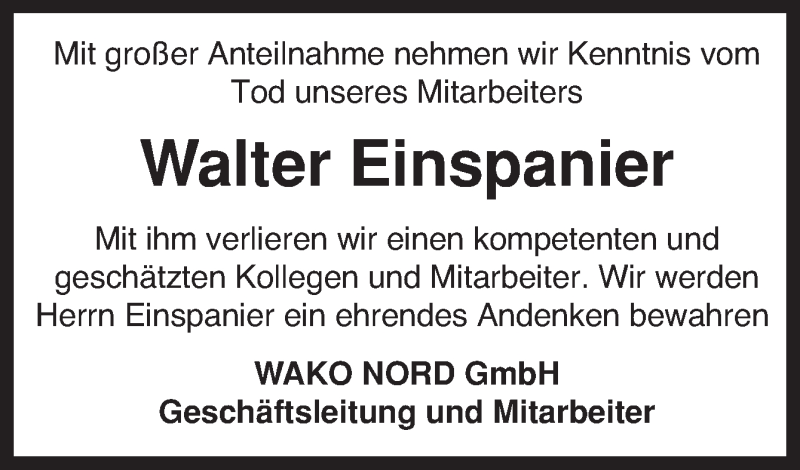  Traueranzeige für Walter Einspanier vom 21.06.2014 aus Neue Osnabrücker Zeitung GmbH & Co. KG