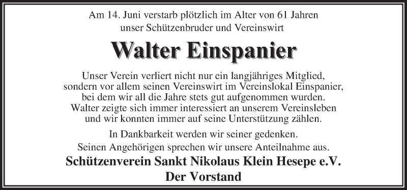  Traueranzeige für Walter Einspanier vom 21.06.2014 aus Neue Osnabrücker Zeitung GmbH & Co. KG