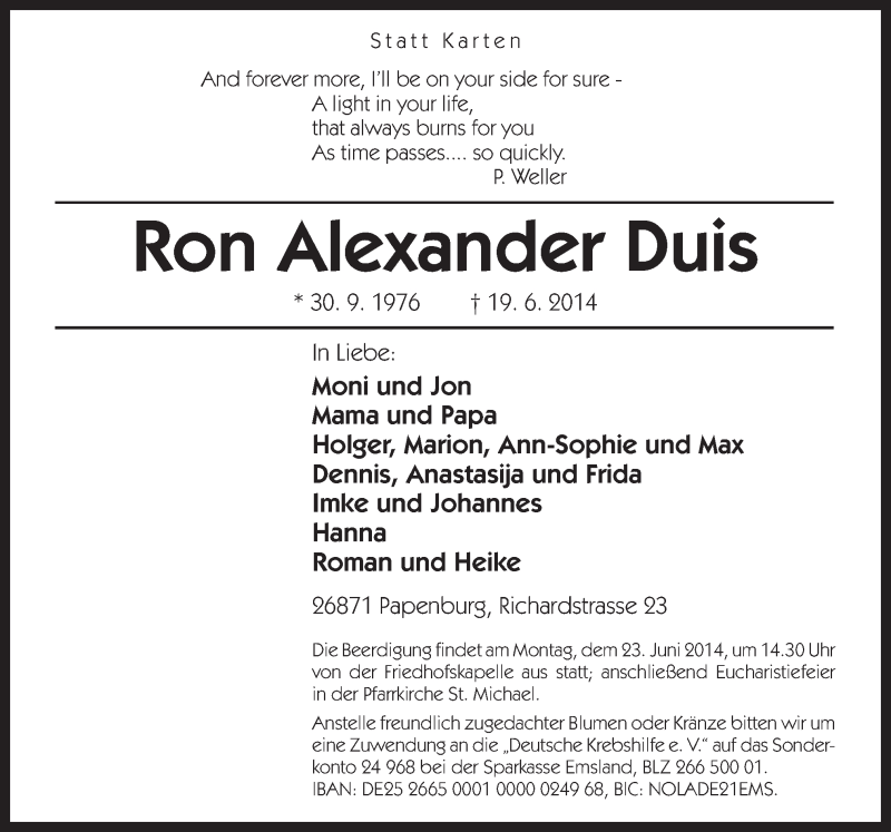  Traueranzeige für Ron Alexander Duis vom 21.06.2014 aus Neue Osnabrücker Zeitung GmbH & Co. KG