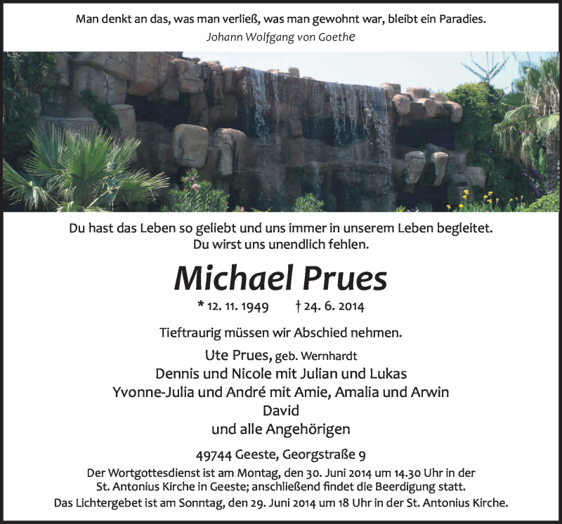  Traueranzeige für Michael Prues vom 27.06.2014 aus Neue Osnabrücker Zeitung GmbH & Co. KG
