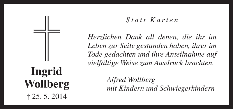  Traueranzeige für Ingrid Wollberg vom 05.07.2014 aus Neue Osnabrücker Zeitung GmbH & Co. KG