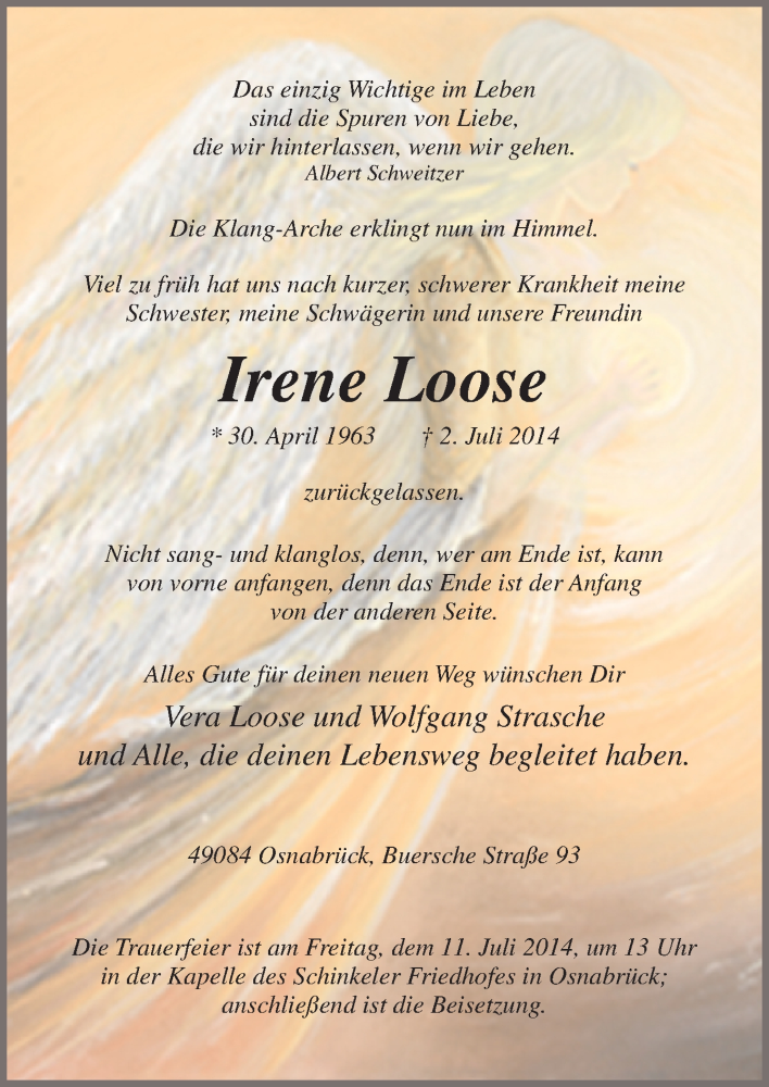  Traueranzeige für Irene Loose vom 05.07.2014 aus Neue Osnabrücker Zeitung GmbH & Co. KG