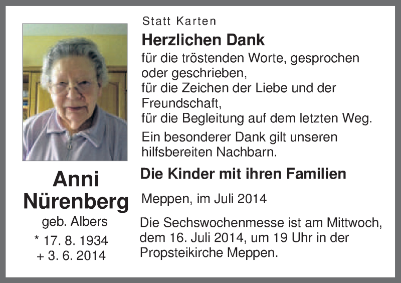  Traueranzeige für Anni Nürenberg vom 12.07.2014 aus Neue Osnabrücker Zeitung GmbH & Co. KG
