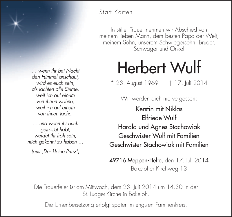  Traueranzeige für Herbert Wulf vom 21.07.2014 aus Neue Osnabrücker Zeitung GmbH & Co. KG