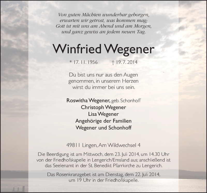  Traueranzeige für Winfried Wegener vom 21.07.2014 aus Neue Osnabrücker Zeitung GmbH & Co. KG