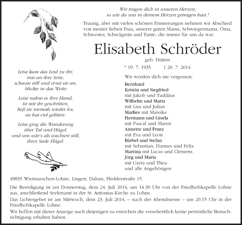  Traueranzeige für Elisabeth Schröder vom 22.07.2014 aus Neue Osnabrücker Zeitung GmbH & Co. KG