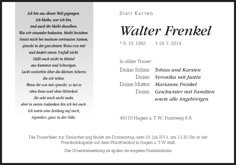  Traueranzeige für Walter Frenkel vom 22.07.2014 aus Neue Osnabrücker Zeitung GmbH & Co. KG