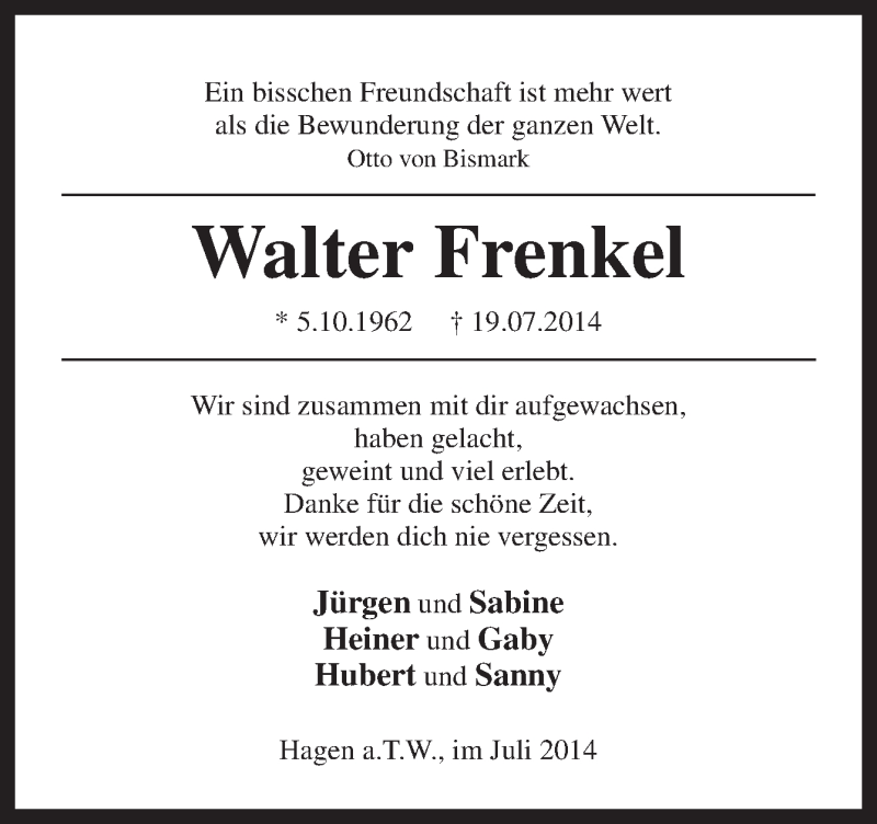  Traueranzeige für Walter Frenkel vom 23.07.2014 aus Neue Osnabrücker Zeitung GmbH & Co. KG