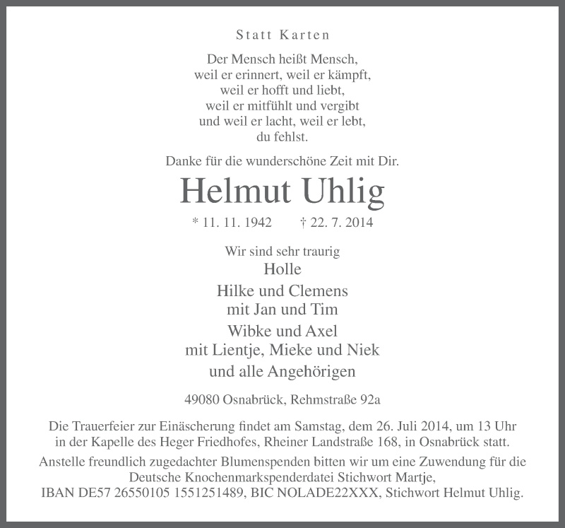 Traueranzeige für Helmut Uhlig vom 24.07.2014 aus Neue Osnabrücker Zeitung GmbH & Co. KG