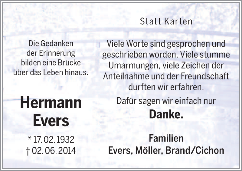  Traueranzeige für Hermann Evers vom 26.07.2014 aus Neue Osnabrücker Zeitung GmbH & Co. KG