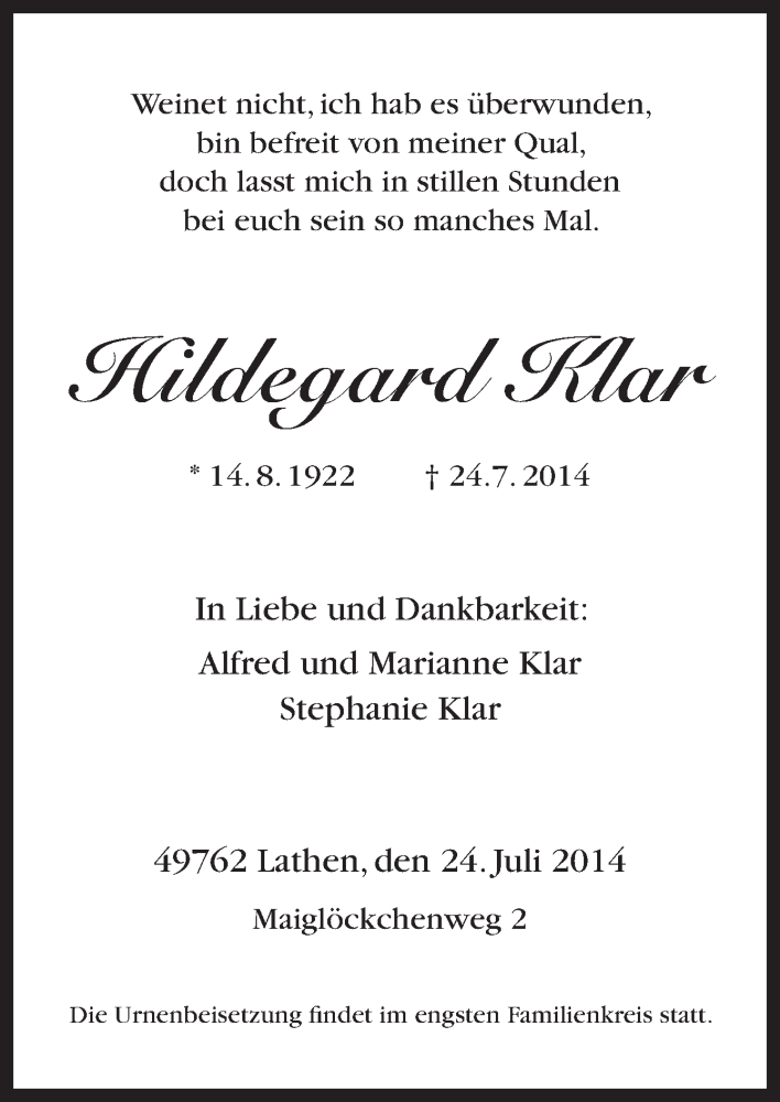  Traueranzeige für Hildegard Klar vom 26.07.2014 aus Neue Osnabrücker Zeitung GmbH & Co. KG