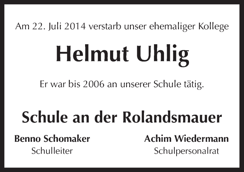 Traueranzeige für Helmut Uhlig vom 29.07.2014 aus Neue Osnabrücker Zeitung GmbH & Co. KG
