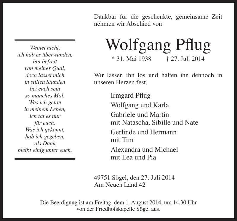  Traueranzeige für Wolfgang Pflug vom 30.07.2014 aus Neue Osnabrücker Zeitung GmbH & Co. KG