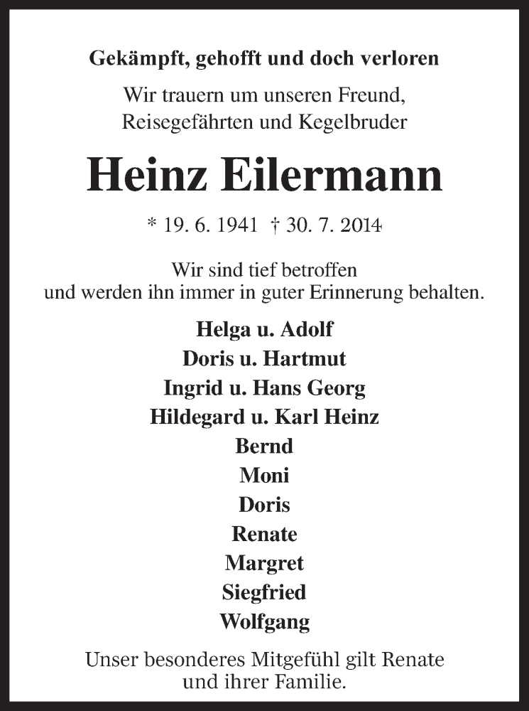  Traueranzeige für Heinz Eilermann vom 02.08.2014 aus Neue Osnabrücker Zeitung GmbH & Co. KG