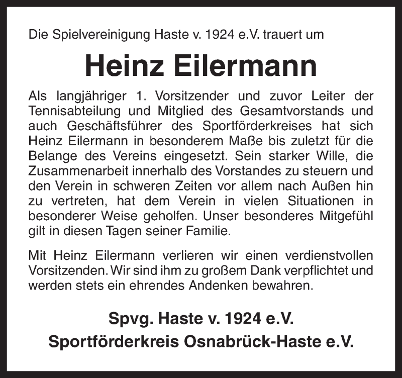  Traueranzeige für Heinz Eilermann vom 02.08.2014 aus Neue Osnabrücker Zeitung GmbH & Co. KG