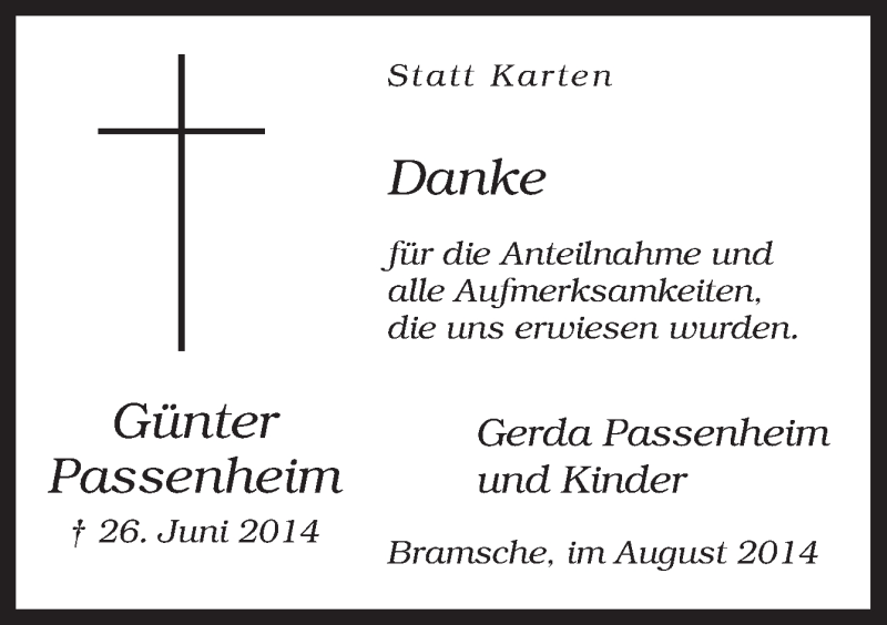  Traueranzeige für Günter Passenheim vom 05.08.2014 aus Neue Osnabrücker Zeitung GmbH & Co. KG