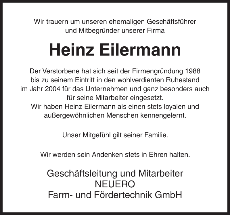  Traueranzeige für Heinz Eilermann vom 05.08.2014 aus Neue Osnabrücker Zeitung GmbH & Co. KG