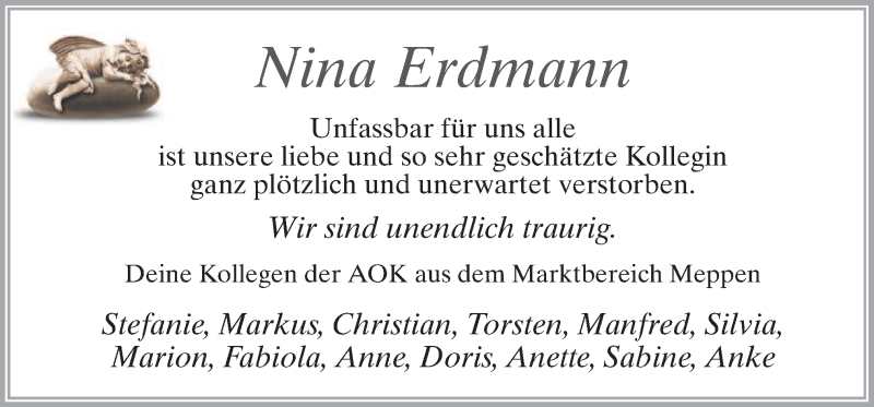  Traueranzeige für Nina Erdmann vom 09.08.2014 aus Neue Osnabrücker Zeitung GmbH & Co. KG