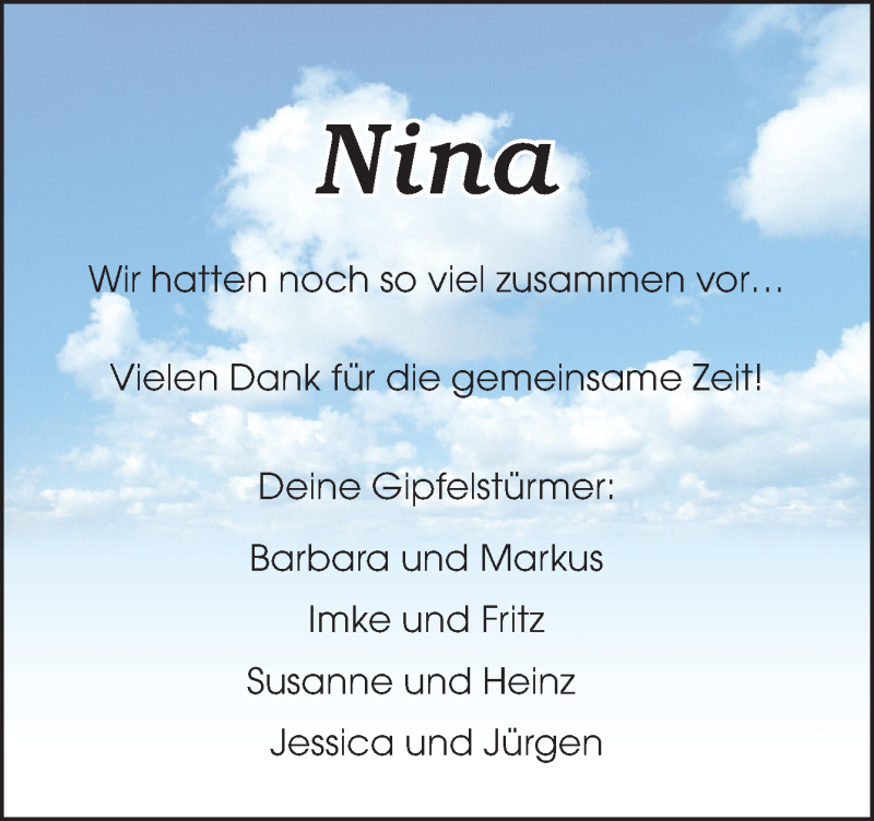  Traueranzeige für Nina Erdmann vom 08.08.2014 aus Neue Osnabrücker Zeitung GmbH & Co. KG