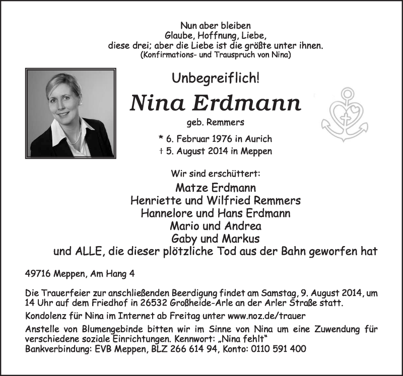  Traueranzeige für Nina Erdmann vom 08.08.2014 aus Neue Osnabrücker Zeitung GmbH & Co. KG