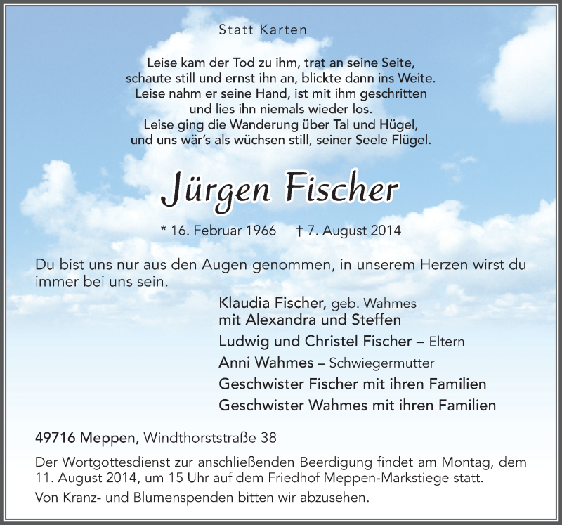  Traueranzeige für Jürgen Fischer vom 09.08.2014 aus Neue Osnabrücker Zeitung GmbH & Co. KG