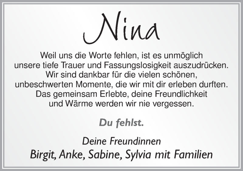  Traueranzeige für Nina Erdmann vom 09.08.2014 aus Neue Osnabrücker Zeitung GmbH & Co. KG