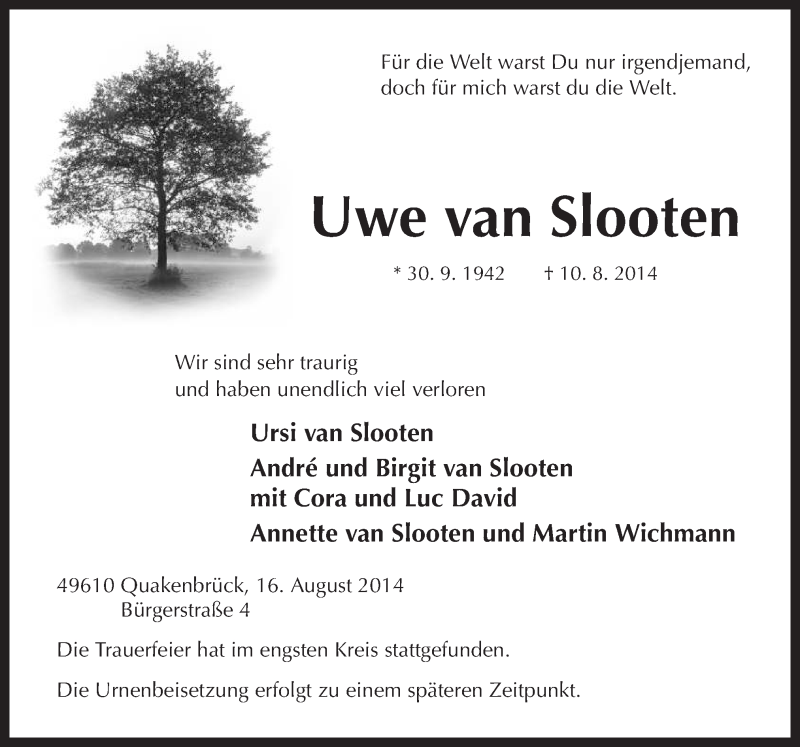  Traueranzeige für Uwe van Slooten vom 18.08.2014 aus Neue Osnabrücker Zeitung GmbH & Co. KG