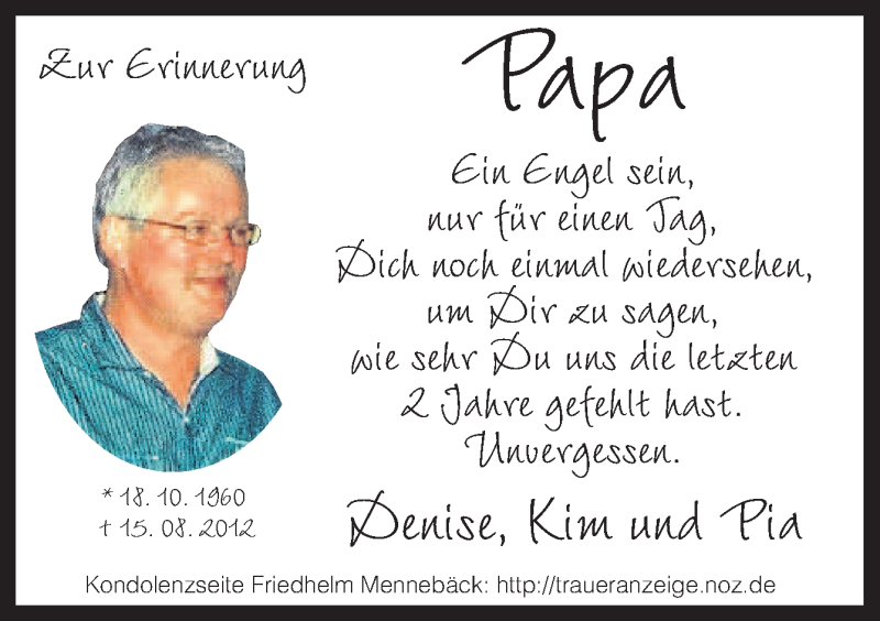  Traueranzeige für Friedhelm Mennebäck vom 15.08.2014 aus Neue Osnabrücker Zeitung GmbH & Co. KG