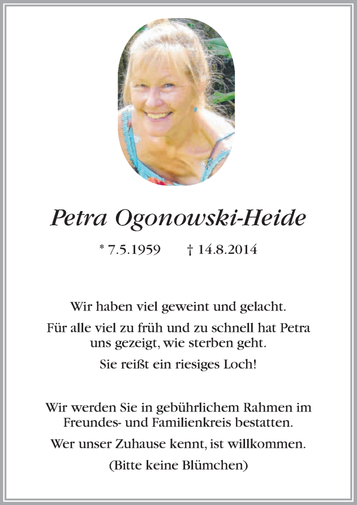  Traueranzeige für Petra Ogonowski-Heide vom 19.08.2014 aus Neue Osnabrücker Zeitung GmbH & Co. KG