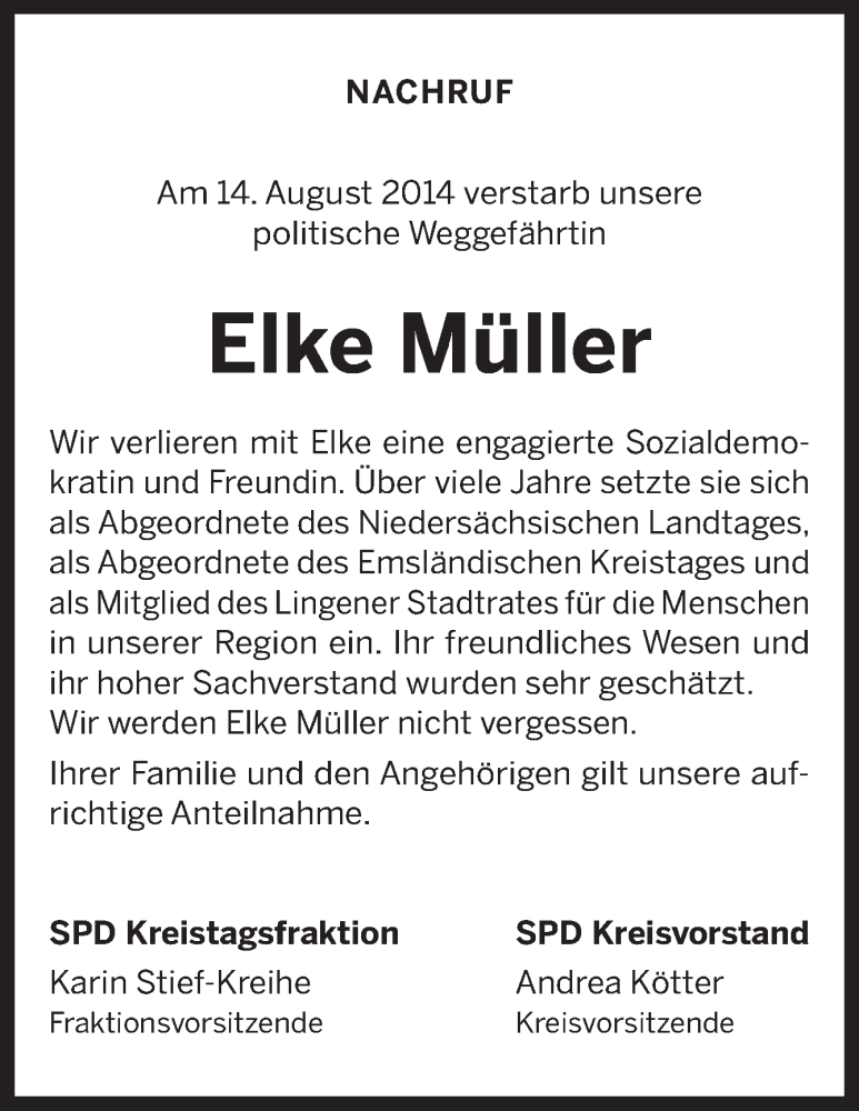  Traueranzeige für Elke Müller vom 20.08.2014 aus Neue Osnabrücker Zeitung GmbH & Co. KG