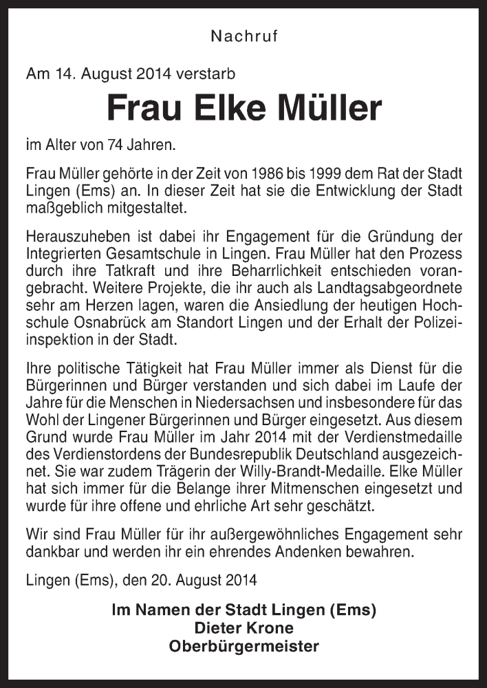  Traueranzeige für Elke Müller vom 20.08.2014 aus Neue Osnabrücker Zeitung GmbH & Co. KG