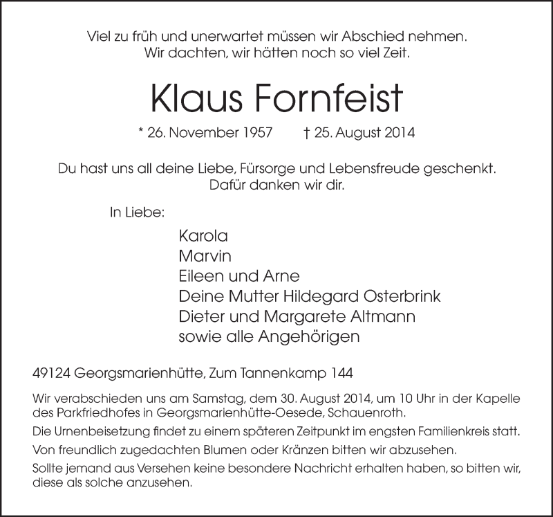  Traueranzeige für Klaus Fornfeist vom 27.08.2014 aus Neue Osnabrücker Zeitung GmbH & Co. KG