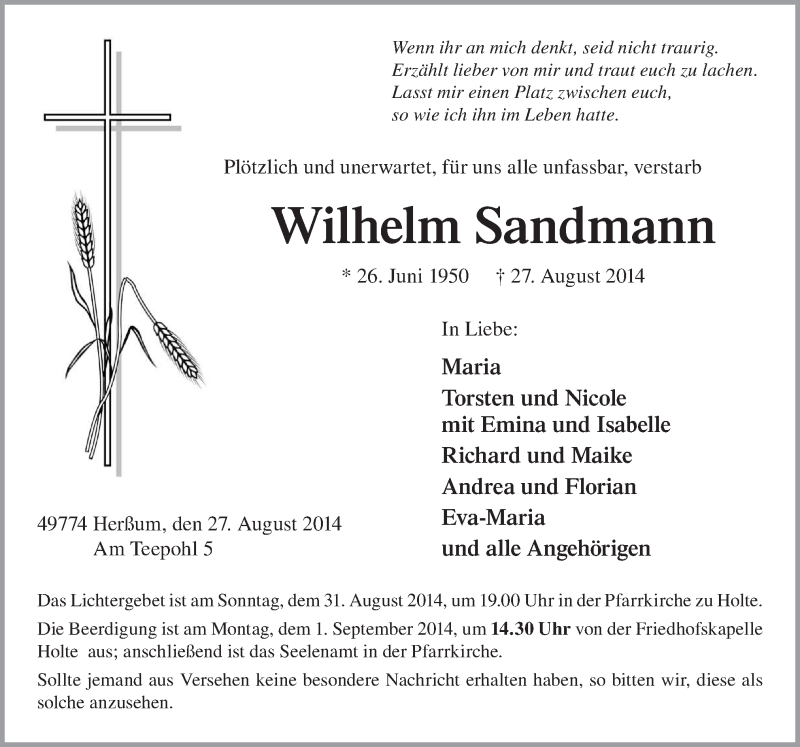  Traueranzeige für Wilhelm Sandmann vom 29.08.2014 aus Neue Osnabrücker Zeitung GmbH & Co. KG