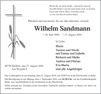 Traueranzeigen Von Wilhelm Sandmann Noz Trauerportal