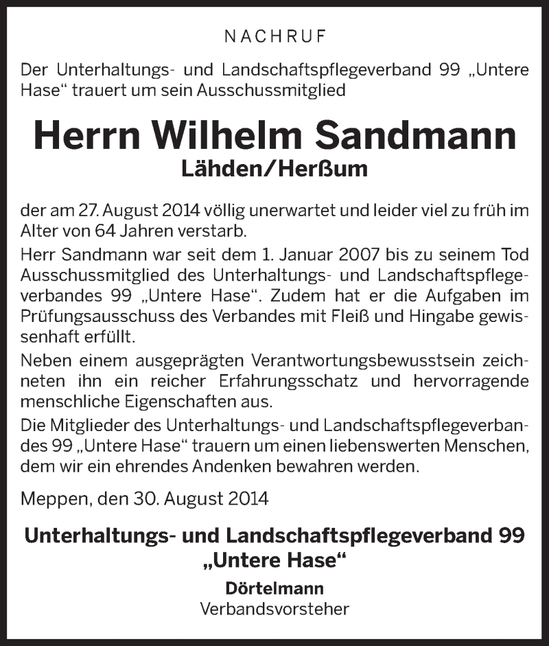  Traueranzeige für Wilhelm Sandmann vom 30.08.2014 aus Neue Osnabrücker Zeitung GmbH & Co. KG